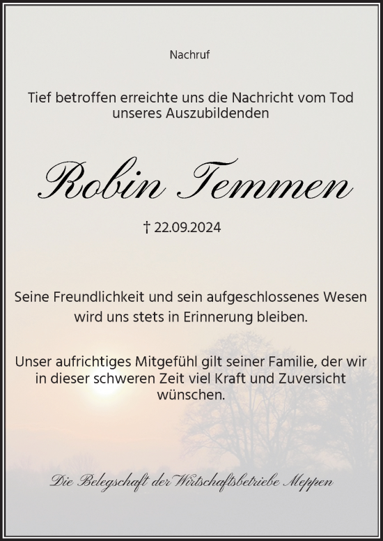 Traueranzeige von Robin Temmen von Neue Osnabrücker Zeitung GmbH & Co. KG