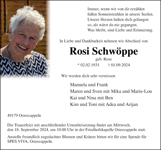 Traueranzeige von Rosi Schwöppe von Neue Osnabrücker Zeitung GmbH & Co. KG