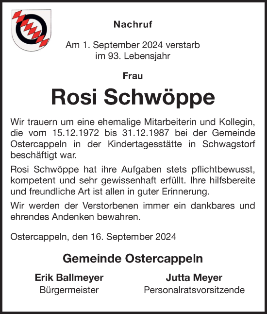 Traueranzeige von Rosi Schwöppe von Neue Osnabrücker Zeitung GmbH & Co. KG