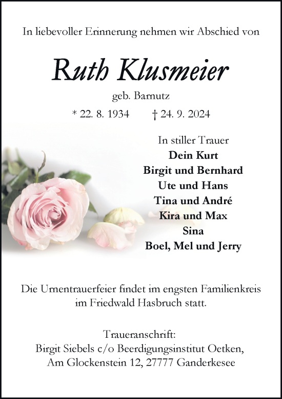 Traueranzeige von Ruth Klusmeier von DK Medien GmbH & Co. KG