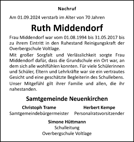 Traueranzeige von Ruth Middendorf von Neue Osnabrücker Zeitung GmbH & Co. KG