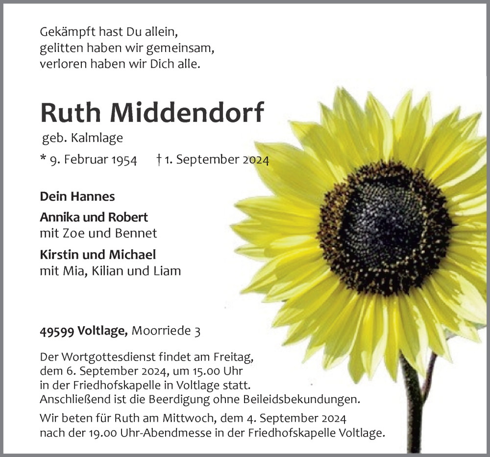  Traueranzeige für Ruth Middendorf vom 03.09.2024 aus Neue Osnabrücker Zeitung GmbH & Co. KG