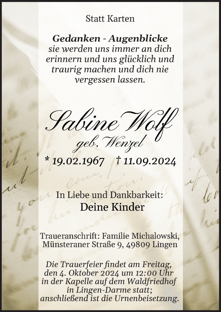  Traueranzeige für Sabine Wolf vom 21.09.2024 aus Neue Osnabrücker Zeitung GmbH & Co. KG