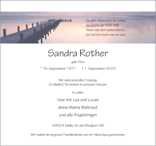 Traueranzeige von Sandra Rother von Neue Osnabrücker Zeitung GmbH & Co. KG