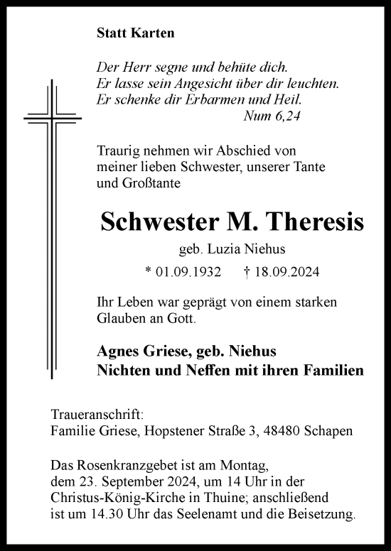 Traueranzeige von Schwester M. Theresis von Neue Osnabrücker Zeitung GmbH & Co. KG