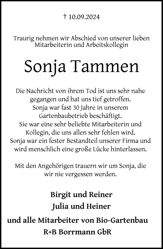 Traueranzeige von Sonja Tammen von Neue Osnabrücker Zeitung GmbH & Co. KG