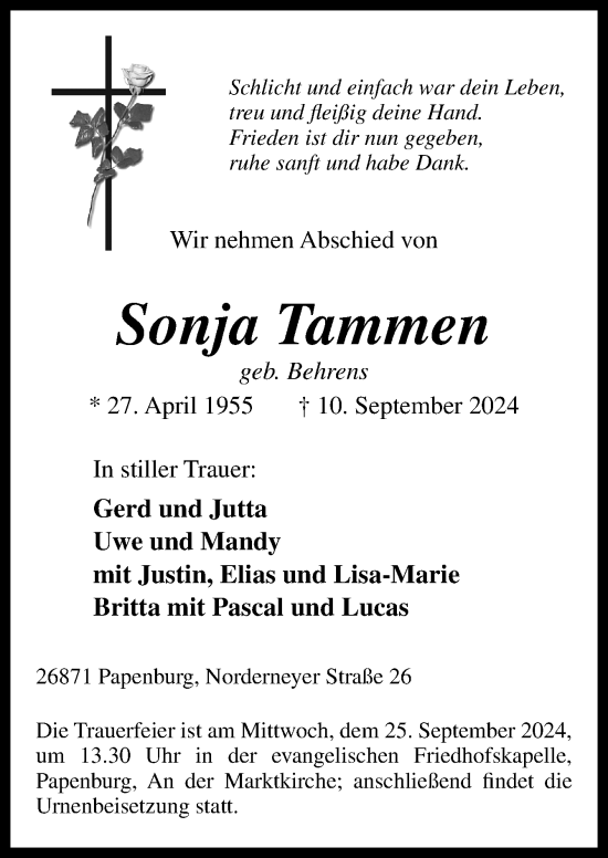 Traueranzeige von Sonja Tammen von Neue Osnabrücker Zeitung GmbH & Co. KG