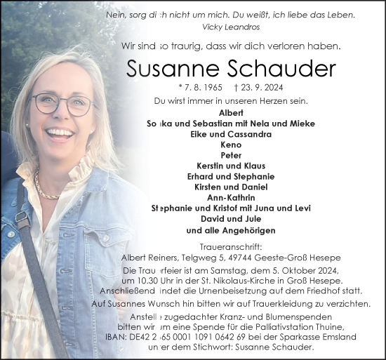 Traueranzeige von Susanne Schauder von Neue Osnabrücker Zeitung GmbH & Co. KG