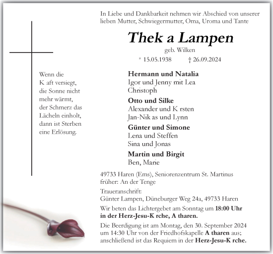 Traueranzeige von Thekla Lampen von Neue Osnabrücker Zeitung GmbH & Co. KG