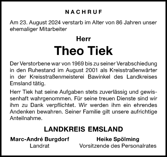 Traueranzeige von Theo Tiek von Neue Osnabrücker Zeitung GmbH & Co. KG