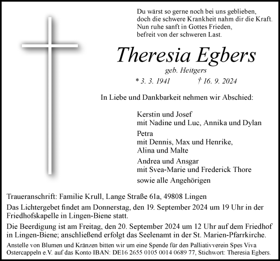 Traueranzeige von Theresia Egbers von Neue Osnabrücker Zeitung GmbH & Co. KG