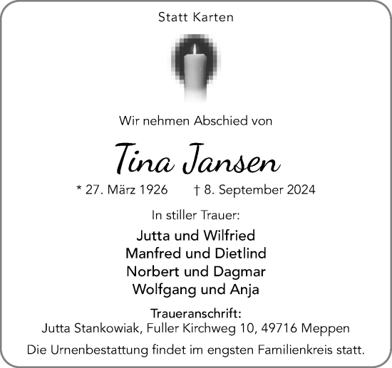 Traueranzeige von Tina Jansen von Neue Osnabrücker Zeitung GmbH & Co. KG