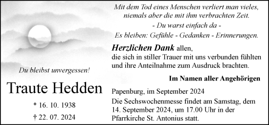 Traueranzeige von Traute Hedden von Neue Osnabrücker Zeitung GmbH & Co. KG