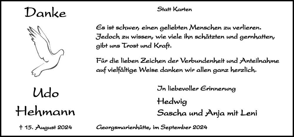  Traueranzeige für Udo Hehmann vom 21.09.2024 aus Neue Osnabrücker Zeitung GmbH & Co. KG