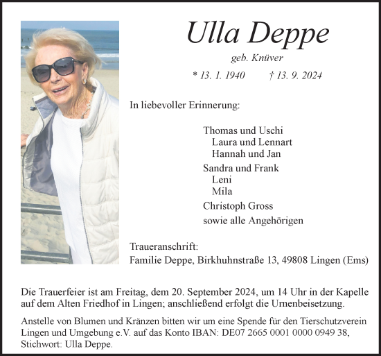 Traueranzeige von Ulla Deppe von Neue Osnabrücker Zeitung GmbH & Co. KG