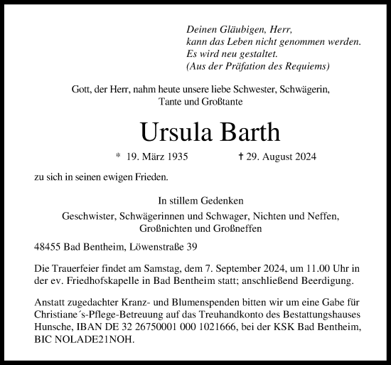 Traueranzeige von Ursula Barth von Neue Osnabrücker Zeitung GmbH & Co. KG