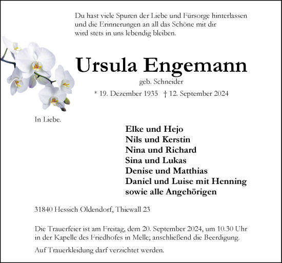 Traueranzeige von Ursula Engemann von Neue Osnabrücker Zeitung GmbH & Co. KG