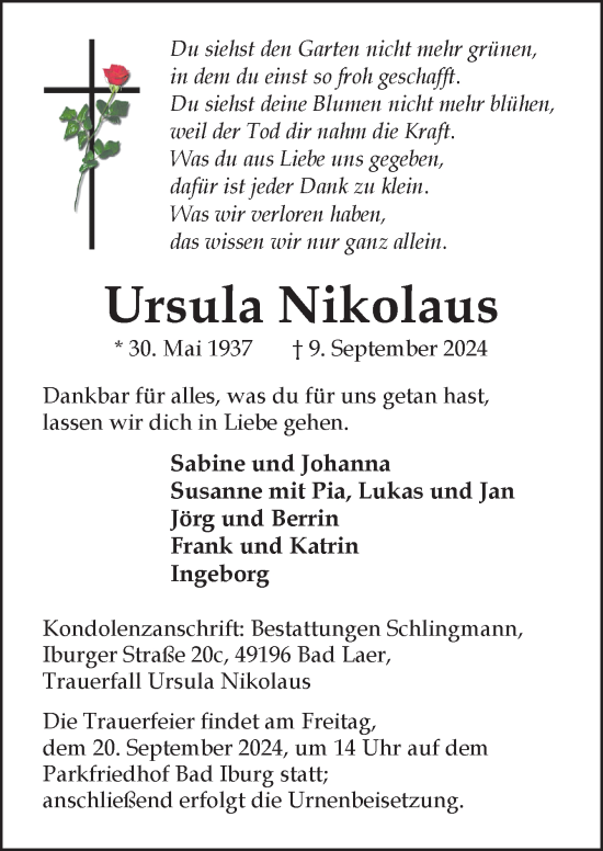 Traueranzeige von Ursula Nikolaus von Neue Osnabrücker Zeitung GmbH & Co. KG