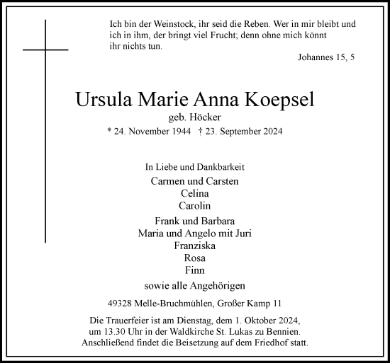 Traueranzeige von Ursula Marie Anna Koepsel von Neue Osnabrücker Zeitung GmbH & Co. KG