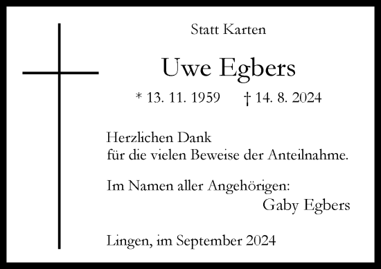 Traueranzeige von Uwe Egbers von Neue Osnabrücker Zeitung GmbH & Co. KG