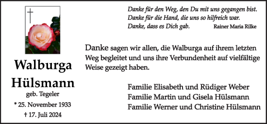 Traueranzeige von Walburga Hülsmann von Neue Osnabrücker Zeitung GmbH & Co. KG