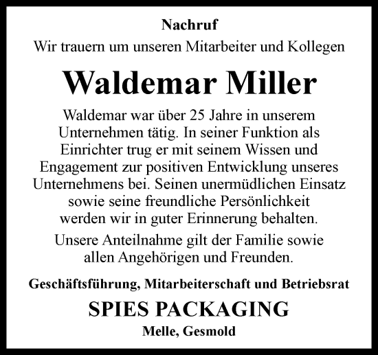 Traueranzeige von Waldemar Miller von Neue Osnabrücker Zeitung GmbH & Co. KG