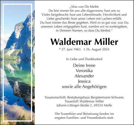 Traueranzeige von Waldemar Miller von Neue Osnabrücker Zeitung GmbH & Co. KG