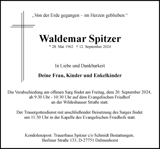 Traueranzeige von Waldemar Spitzer von DK Medien GmbH & Co. KG