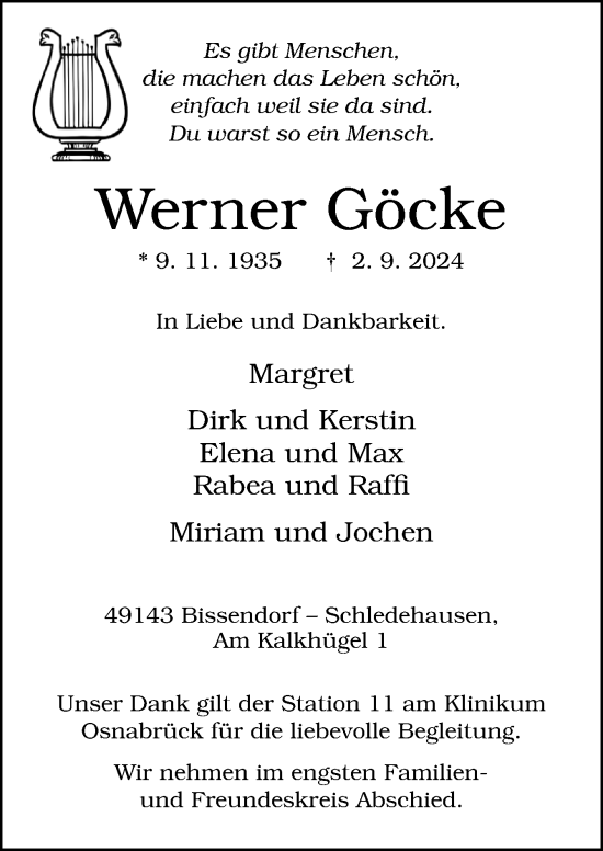 Traueranzeige von Werner Göcke von Neue Osnabrücker Zeitung GmbH & Co. KG