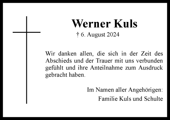 Traueranzeige von Werner Kuls von Neue Osnabrücker Zeitung GmbH & Co. KG