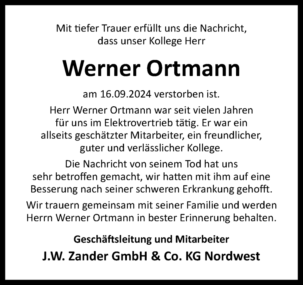  Traueranzeige für Werner Ortmann vom 28.09.2024 aus Neue Osnabrücker Zeitung GmbH & Co. KG