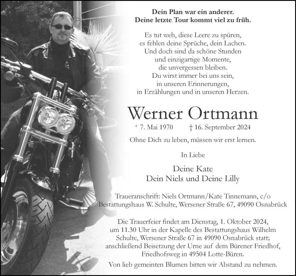  Traueranzeige für Werner Ortmann vom 28.09.2024 aus Neue Osnabrücker Zeitung GmbH & Co. KG