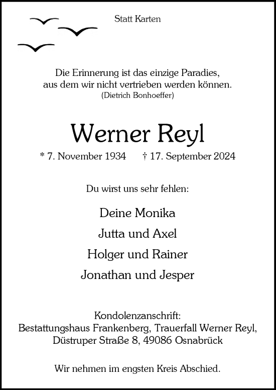 Traueranzeige von Werner Reyl von Neue Osnabrücker Zeitung GmbH & Co. KG