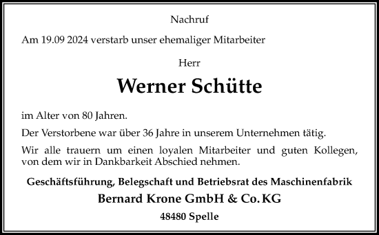 Traueranzeige von Werner Schütte von Neue Osnabrücker Zeitung GmbH & Co. KG