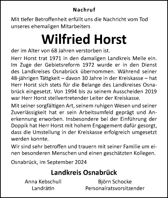 Traueranzeige von Wilfried Horst von Neue Osnabrücker Zeitung GmbH & Co. KG