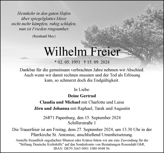 Traueranzeige von Wilhelm Freier von Neue Osnabrücker Zeitung GmbH & Co. KG