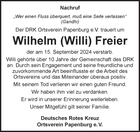 Traueranzeige von Wilhelm Freier von Neue Osnabrücker Zeitung GmbH & Co. KG