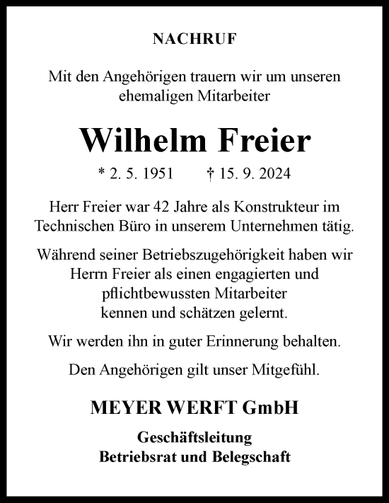 Traueranzeige von Wilhelm Freier von Neue Osnabrücker Zeitung GmbH & Co. KG