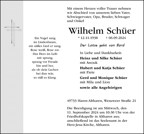 Traueranzeige von Wilhelm Schüer von Neue Osnabrücker Zeitung GmbH & Co. KG