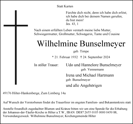 Traueranzeige von Wilhelmine Bunselmeyer von Neue Osnabrücker Zeitung GmbH & Co. KG