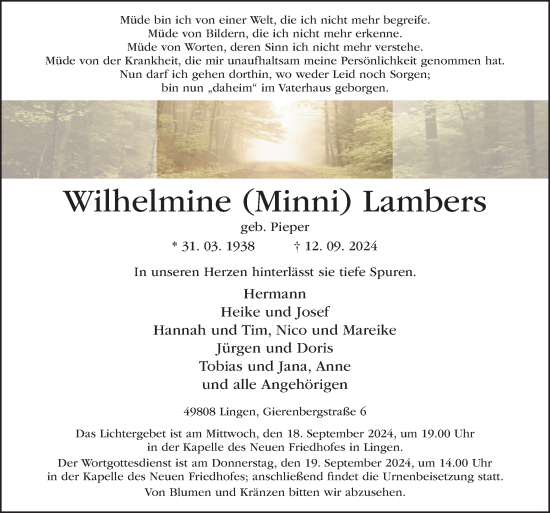 Traueranzeige von Wilhelmine Lambers von Neue Osnabrücker Zeitung GmbH & Co. KG