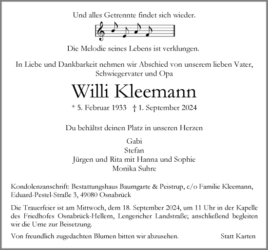 Traueranzeige von Willi Kleemann von Neue Osnabrücker Zeitung GmbH & Co. KG