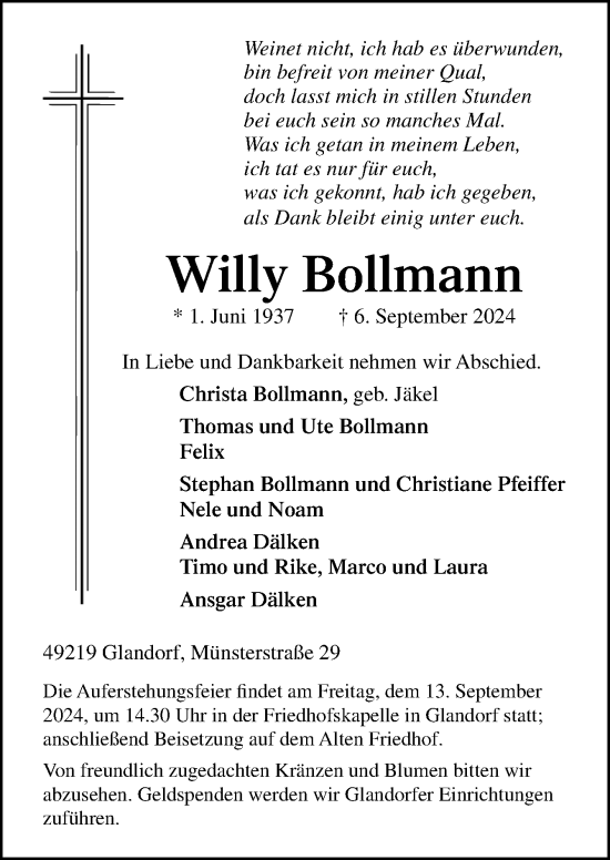 Traueranzeige von Willy Bollmann von Neue Osnabrücker Zeitung GmbH & Co. KG