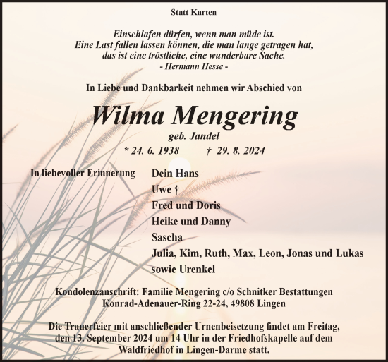 Traueranzeige von Wilma Mengering von Neue Osnabrücker Zeitung GmbH & Co. KG