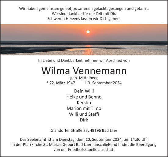 Traueranzeige von Wilma Vennemann von Neue Osnabrücker Zeitung GmbH & Co. KG