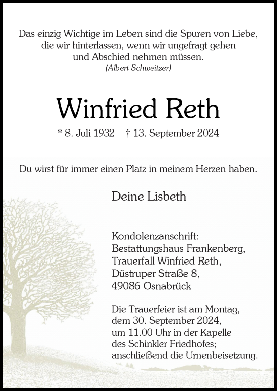 Traueranzeige von Winfried Reth von Neue Osnabrücker Zeitung GmbH & Co. KG