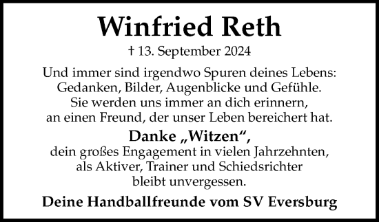 Traueranzeige von Winfried Reth von Neue Osnabrücker Zeitung GmbH & Co. KG