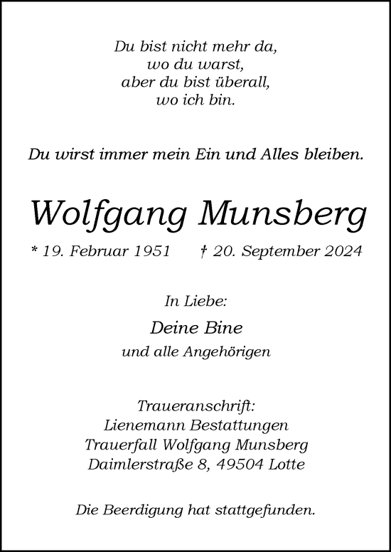 Traueranzeige von Wolfgang Munsberg von Neue Osnabrücker Zeitung GmbH & Co. KG