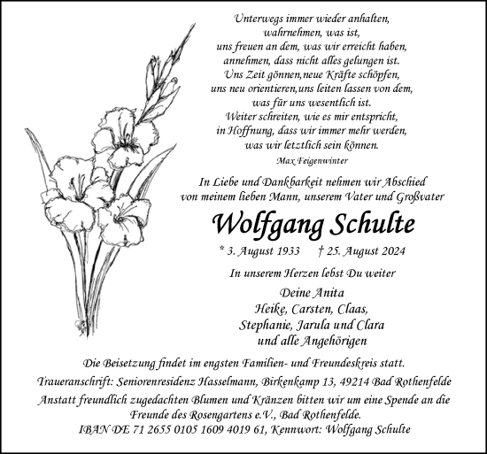 Traueranzeige von Wolfgang Schulte von Neue Osnabrücker Zeitung GmbH & Co. KG