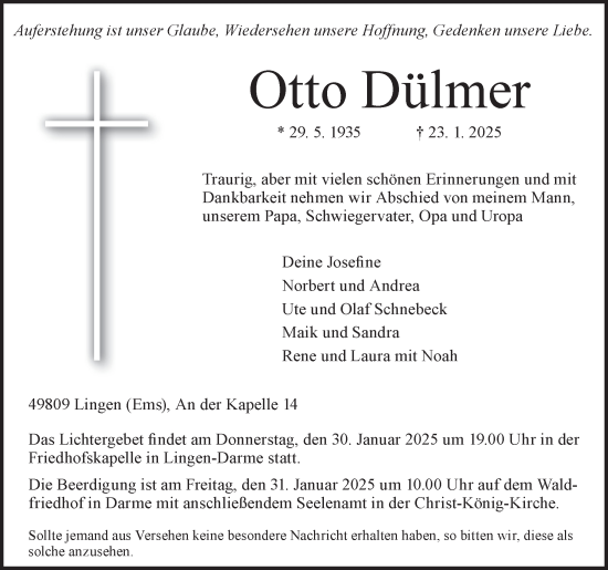 Traueranzeige von Otto Dülmer von Neue Osnabrücker Zeitung GmbH & Co. KG